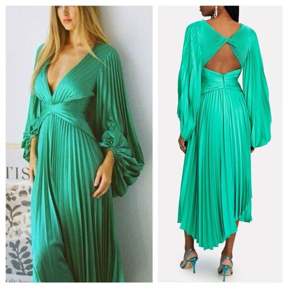 NWT Acler Green Palms Maxi Midi Dress Pleated Long Sleeve V-neck size 8 - Picture 1 of 15